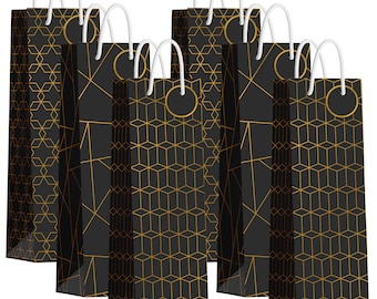May include: Set of eight black and gold gift bags with geometric patterns. The bags have white handles and are perfect for wine bottles.