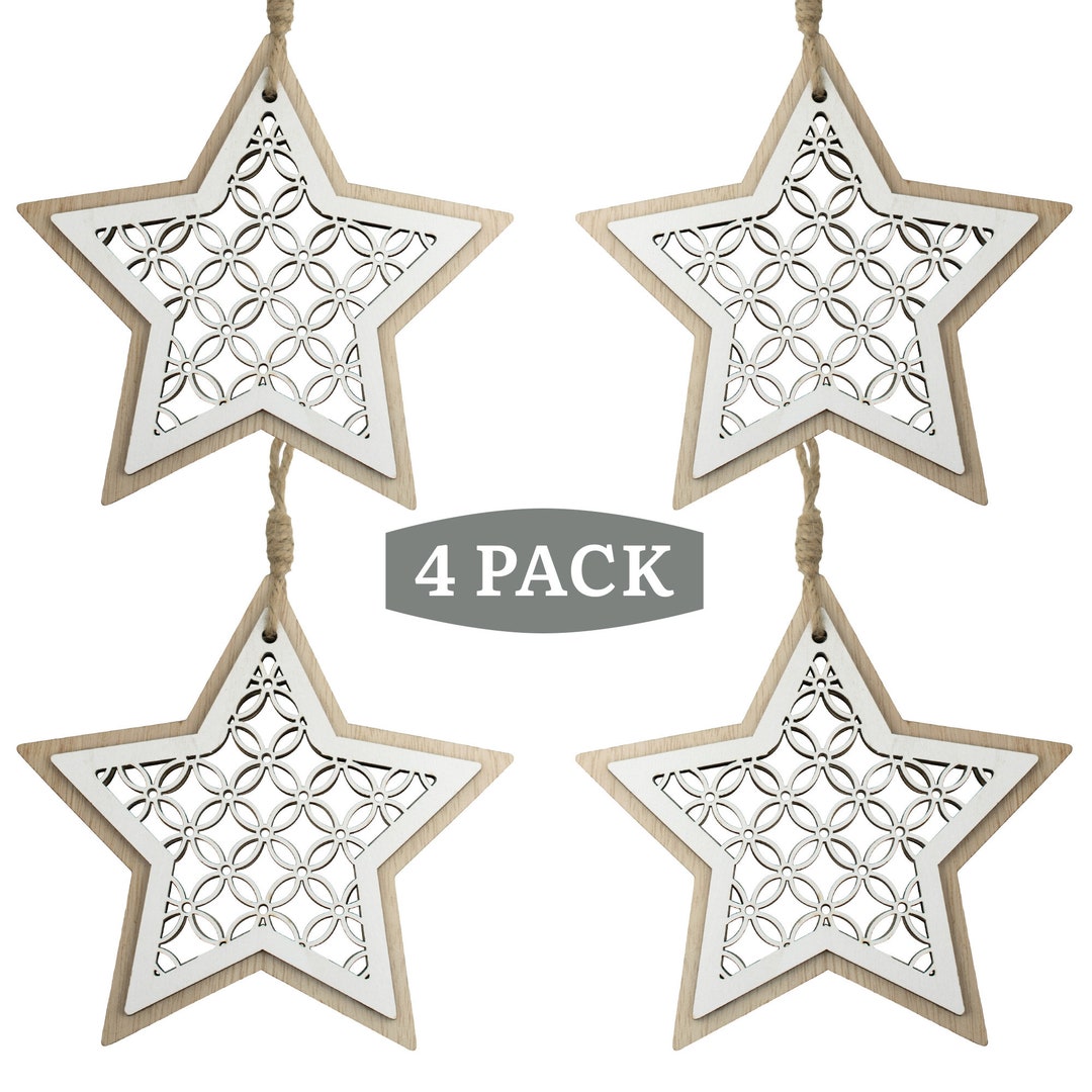 Wooden Star Christmas Tree Ornaments Set of 4 White Wooden Star Hanging