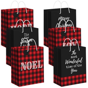 Plaid Christmas Gift Bags - 6 Pack - Large Size 13&quot; Red and Black Buffalo Plaid Gift Bags With Handles & Name Tags - 6 Holiday Sayings
