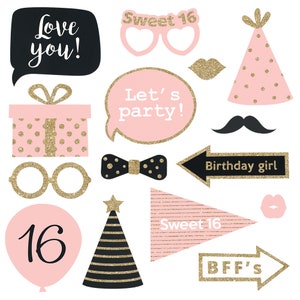 Sweet 16 Photo Booth Props | FULLY ASSEMBLED | 16th Birthday Photo Booth Props | (Real Glitter) | Pink Gold Black | No DIY (30 Pieces) image 4