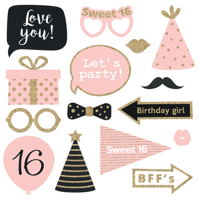 Sweet 16 Photo Booth Props | FULLY ASSEMBLED | 16th Birthday Photo Booth Props | (Real Glitter) | Pink Gold Black | No DIY (30 Pieces) image 4