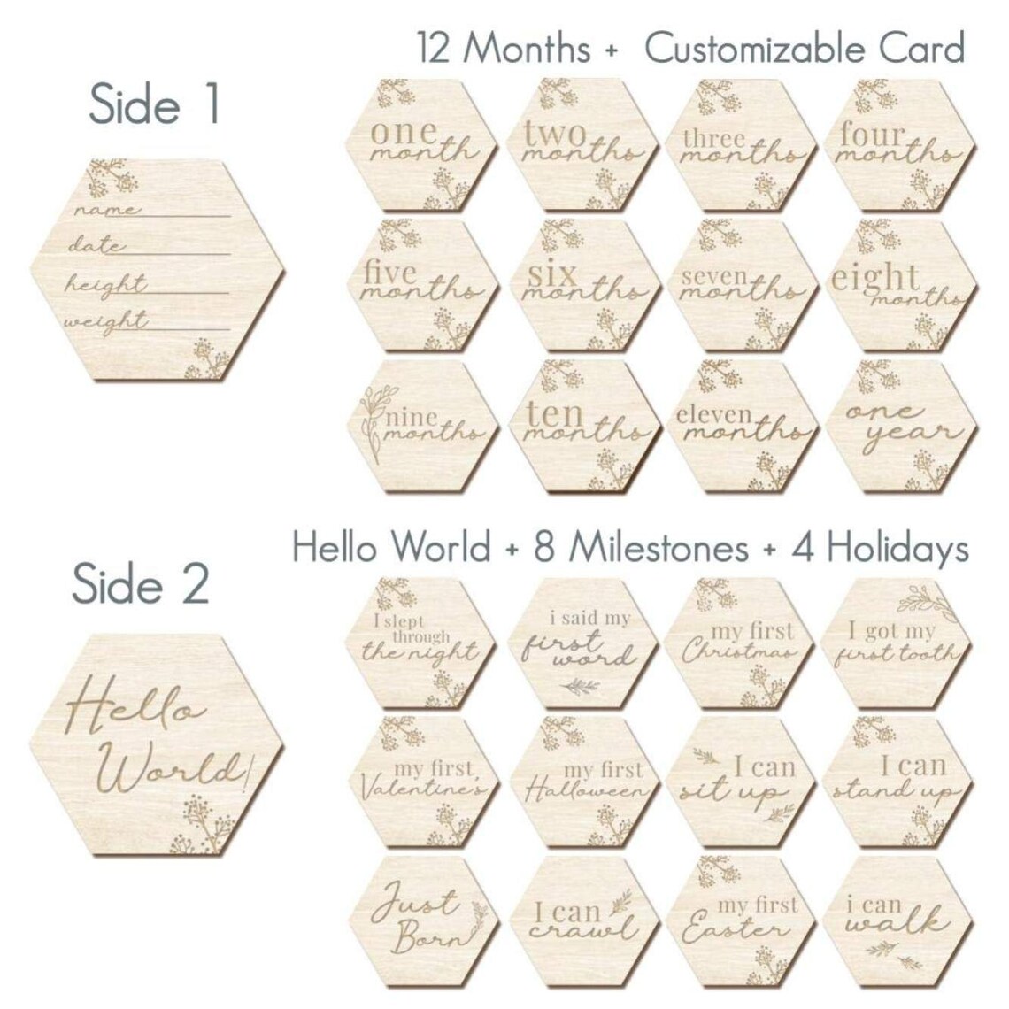 Baby Monthly Milestone Cards | SET OF 13 | Floral Hexagon Wooden Baby ...