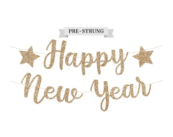 Pre-Strung Happy New Year Banner - NO DIY - Gold Glitter New Years Eve Party Banner in Script- 6 ft Strands - 2026 New Years Eve Party Decor