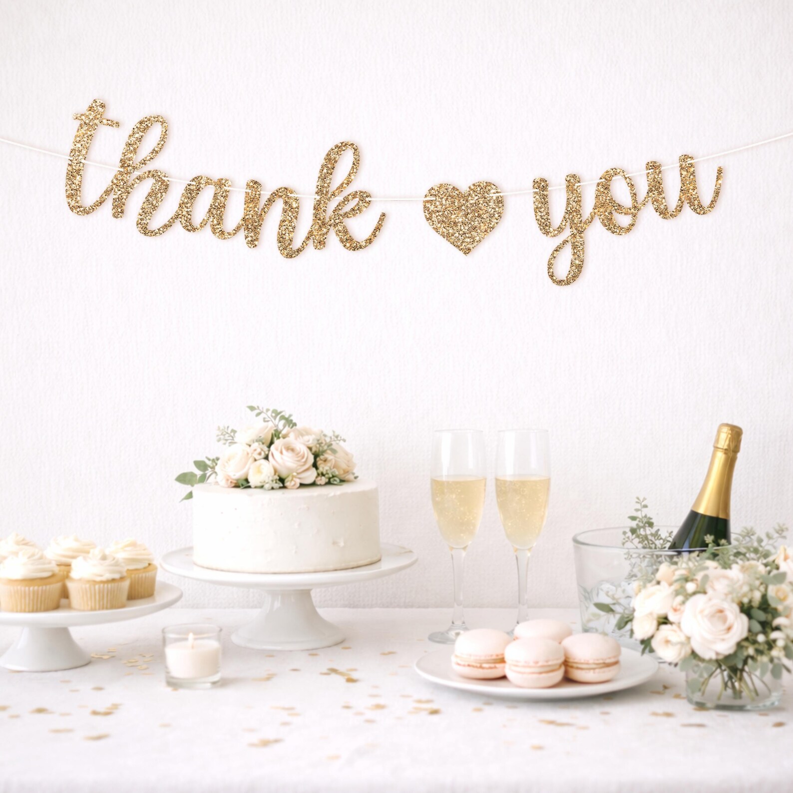 Pre-strung Thank You Banner - NO DIY - Gold Glitter Thank You Banner ...