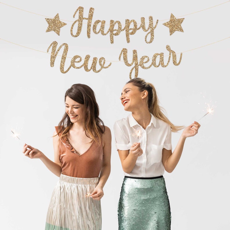 Pre-strung Happy New Year Banner - NO DIY - Gold Glitter New Years Eve ...