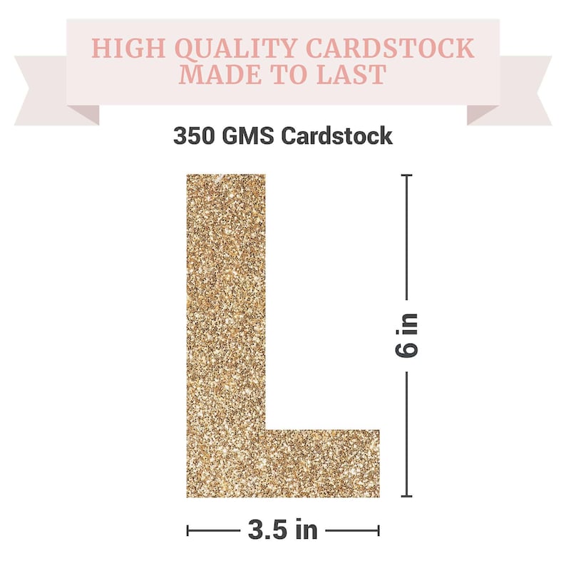 Gold glitter letter L, 6 inches tall and 3.5 inches wide, made from 350 GMS cardstock. High quality cardstock made to last.