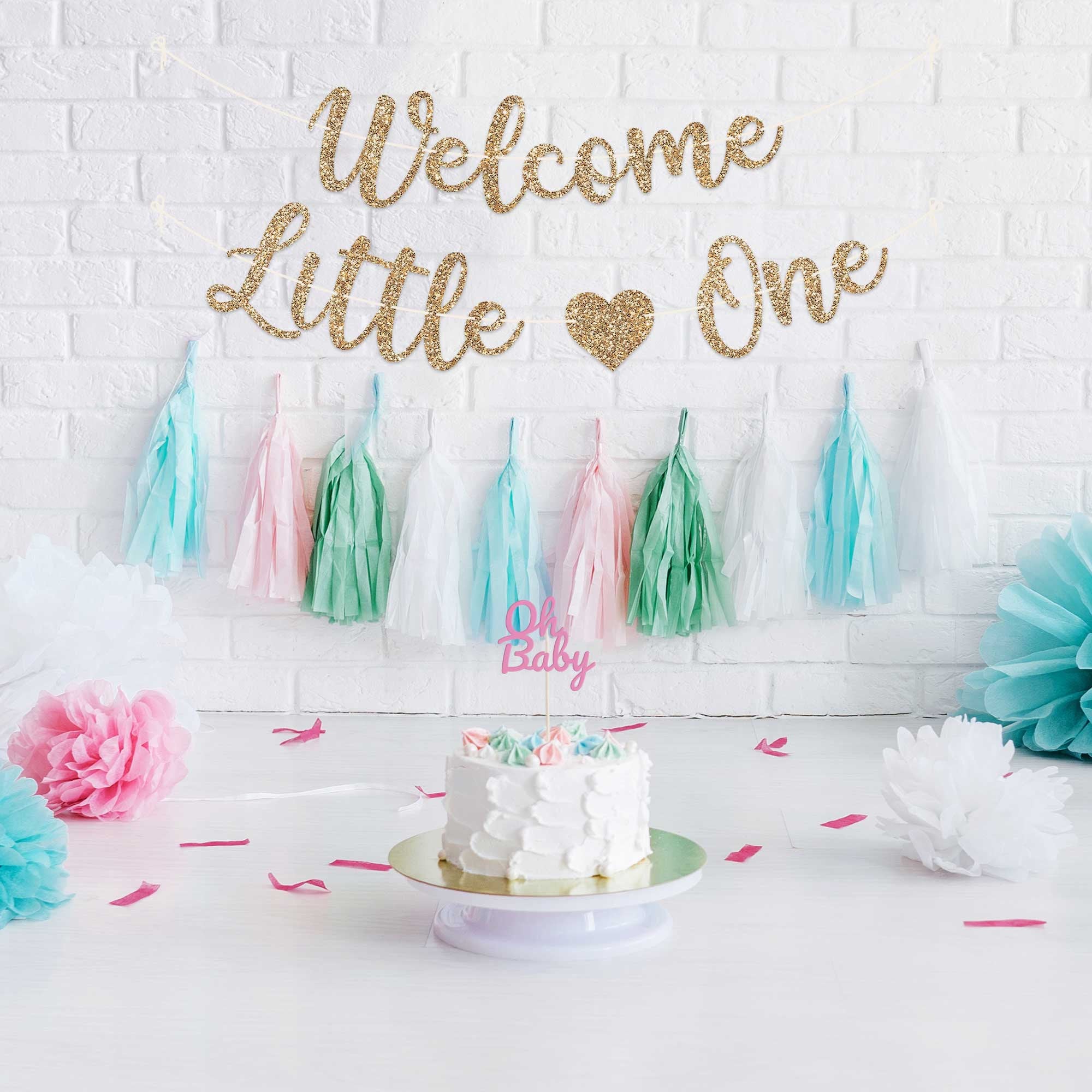 Welcome Little One Glitter Banner – Silver Glitter, Gender Reveal Or Baby Shower Decoration