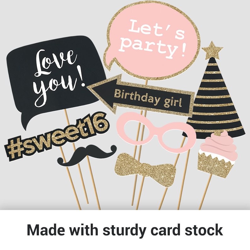 May include: A set of 10 black and gold photo booth props with pink accents. The props include a speech bubble that says "Let's party!" a speech bubble that says "Love you!" a speech bubble that says "Birthday girl", a hashtag that says "#sweet16", a pair of pink glasses, a bow tie, a mustache, a cupcake, and a party hat.