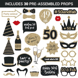 May include: Thirty gold and black photo booth props for a 50th birthday party. The props include a crown, glasses, a bow tie, a cupcake, a champagne glass, a mustache, a party hat, and more.