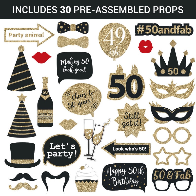 May include: Thirty gold and black photo booth props for a 50th birthday party. The props include a crown, glasses, a bow tie, a cupcake, a champagne glass, a mustache, a party hat, and more.