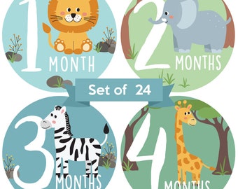 Baby Monthly Stickers | Gender Neutral Baby Milestone Stickers | Zoo Animal Newborn Stickers | Unisex Stickers for Baby (Set of 24)