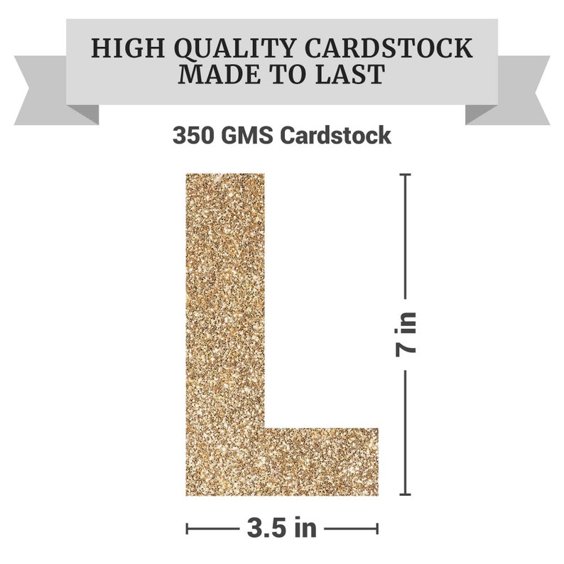 Gold glitter letter L made from 350 GMS cardstock. The letter is 7 inches tall and 3.5 inches wide. High quality cardstock made to last.