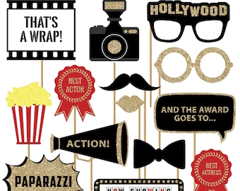 Hollywood Photo Booth Props | FULLY ASSEMBLED | Hollywood Movie  Party Supplies | Real Glitter | Hollywood Decorations | No DIY (30 Pieces)