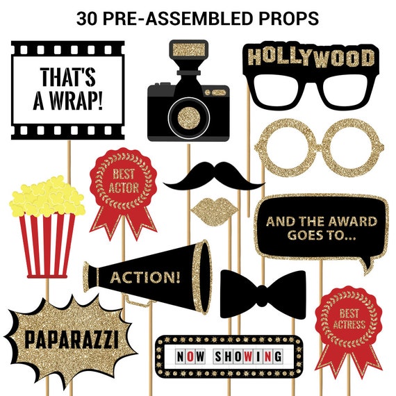 Hollywood Photo Booth Props FULLY ASSEMBLED Hollywood Movie Party Supplies  Real Glitter Hollywood Decorations No DIY 30 Pieces -  Denmark
