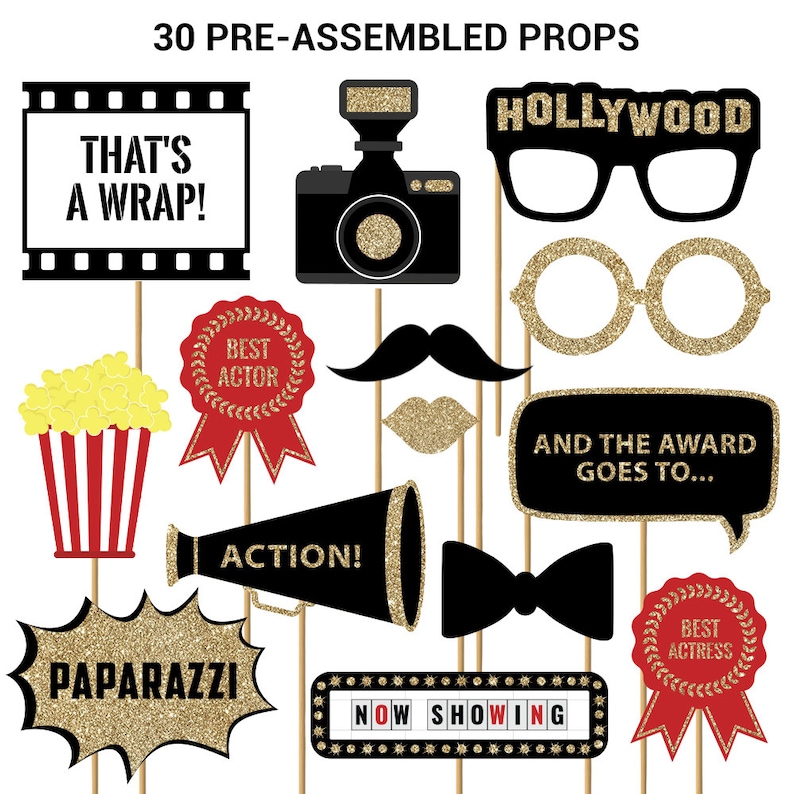 Hollywood Photo Booth Props FULLY ASSEMBLED Hollywood Movie Party Supplies Real Glitter Hollywood Decorations No DIY 30 Pieces image 1