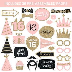 May include: Thirty pink and gold glitter photo booth props for a sweet sixteen birthday party. The props include a crown, glasses, a mustache, a cupcake, a party hat, a gift box, a speech bubble that says "Let's party!" and a speech bubble that says "Selfie".