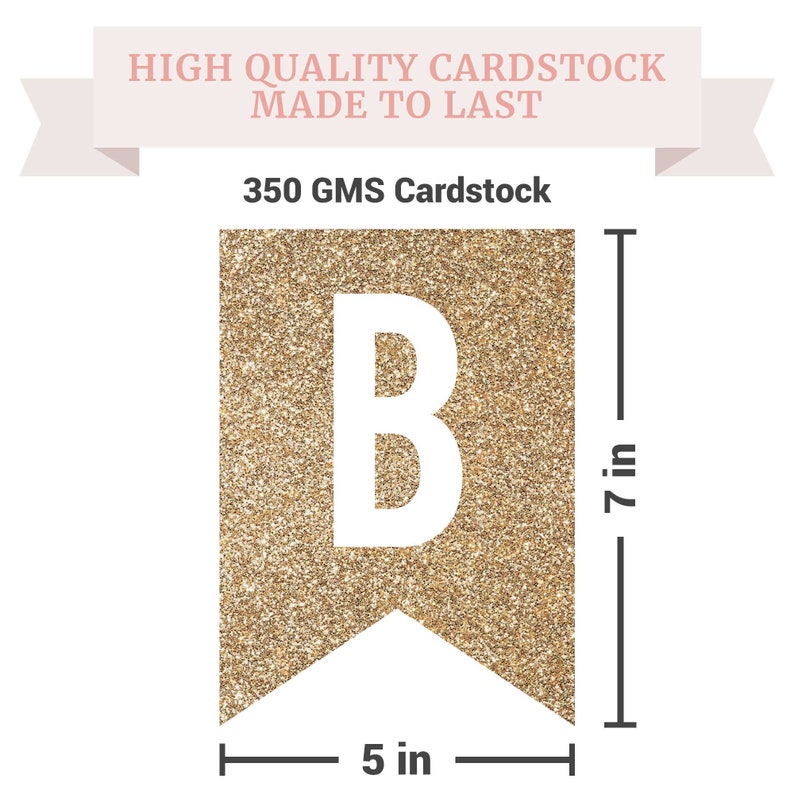 Gold glitter letter B pennant banner. The pennant is 7 inches tall and 5 inches wide. 350 GMS cardstock.