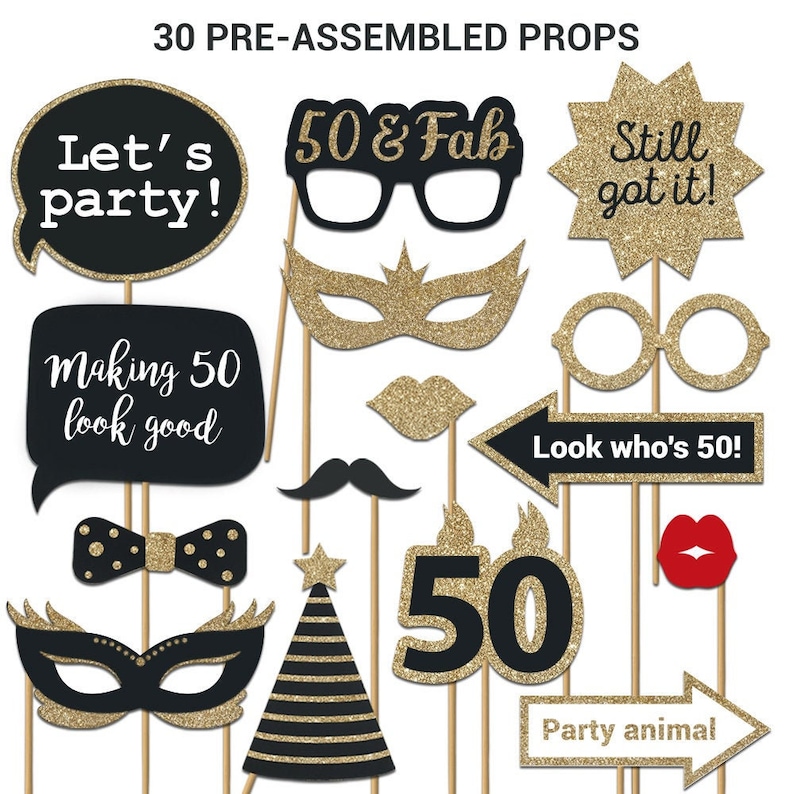 50th Photo Booth Props | FULLY ASSEMBLED | 50th Birthday Photo Booth Props | (Real Glitter) | Gold Black | No DIY (30 Pieces) image 1