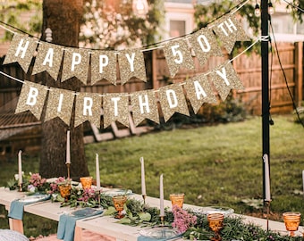 Pre-strung Happy 50th Birthday Banner - Gold Glitter No Assembly Required Garland