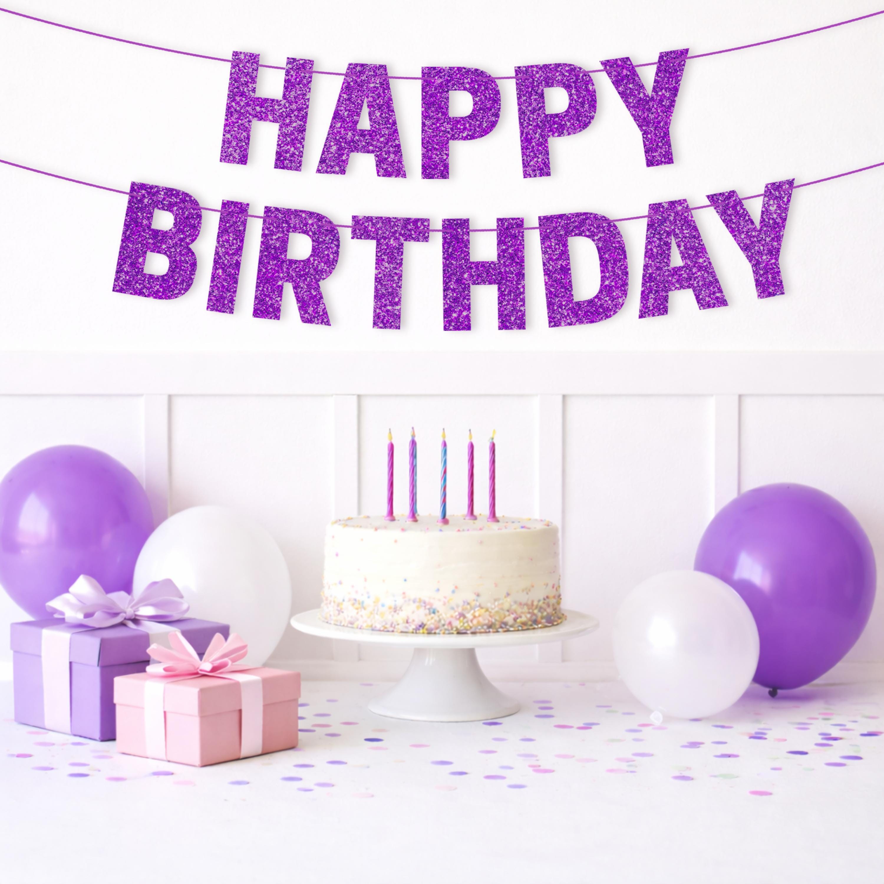 Pre-strung Happy Birthday Banner - NO DIY - Purple Glitter