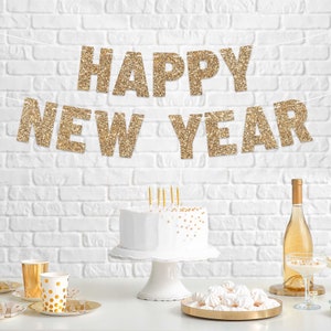 Pre-strung Happy New Year Banner - NO DIY - Gold Glitter New Years Eve ...