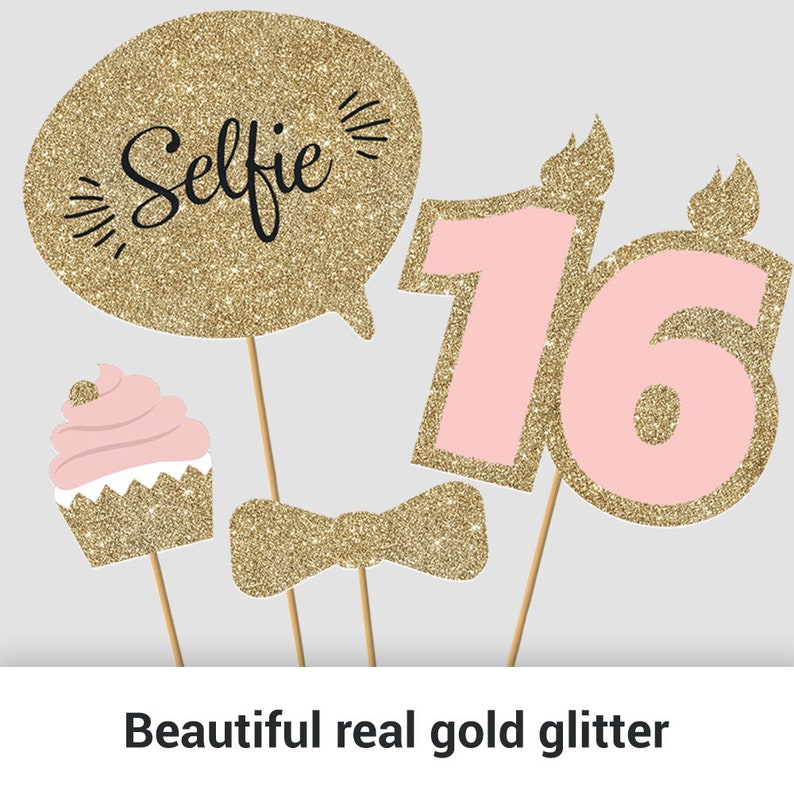Sweet 16 Photo Booth Props | FULLY ASSEMBLED | 16th Birthday Photo Booth Props | (Real Glitter) | Pink Gold Black | No DIY (30 Pieces) image 10