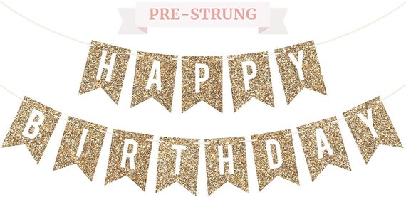Rose Gold Happy Birthday Banner - Pre-Strung Glitter Garland, NO DIY, Ready To Hang