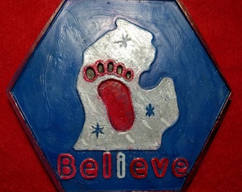 GREAT American Michigan Bigfoot Hexagon recycled, re-purposed plastic and alcohol ink tile.  Sasquatch, yard art