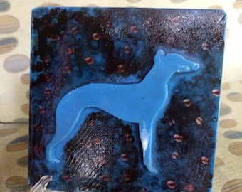 Beautiful Blue BullWhippet, square tile, in midnight with silver stars background, recycled plastic