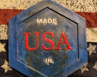 New! Upcycled plastic rustic Hexagon Made In USA in patriotic Red, White, and Blue.  Touched by alcohol ink.