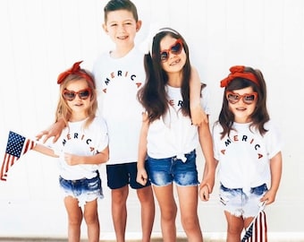 America (Arched) - Red+Blue - Child Tee | Independence Day | Patriotic Shirt | Kids 4th of July Shirts | Kids Graphic Tee | Let Freedom Ring