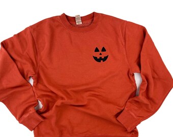Orange Pigment Sweatshirt - Embroidered Jack-o-Lantern | Long Sleeve Halloween Sweater | Pullover Sweater | Halloween Sweater | Pumpkins