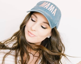 MAMA (Block Letters) - Navy w/ Blush Baseball Cap | Hats for Moms | Women's Baseball Cap | Mother's Day Gift | Embroidered Mama Hat |