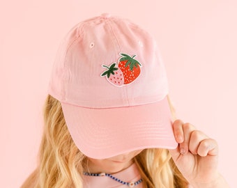 Child Size Baseball Cap - Pink w/ Strawberry Patch | Hats for Kids  | Baseball Cap | Little Girl Hat | Hats for Girls | Kids Summer Hats |