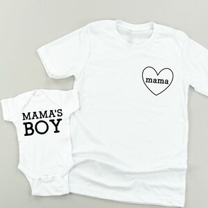 Mama(heart)-Mama&#39;s Boy | WHITE w/BLACK Set of 2 Shirts |  Mama and Mama&#39;s Boy |  Mom and Son Shirts |  Mom of Boys