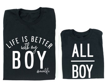 La vie est meilleure avec mon garçon-T-shirts NOIR pour tous les garçons | Chemises maman et fils | Chemise garçon pour maman | Cadeau Fête des Mères | T-shirt graphique maman | Maternité