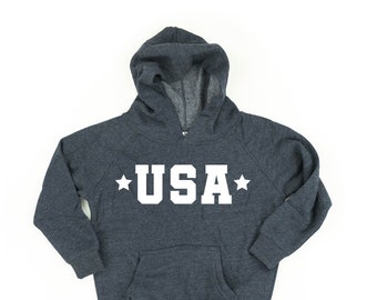 USA (Block Font - Two Stars) - Child Hoodie | Kids Patriotic Shirt | Party in the USA | 4th of July Graphic Tee | Independence Day Shirt