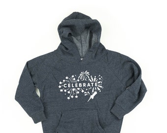 Celebrate - Child Hoodie | Kids Firework Shirt | Kids Patriotic Shirt | Party in the USA | 4th of July Graphic Tee | Independence Day Shirt