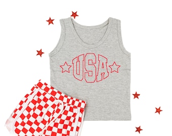 USA - Hollow Font - CHILD JERSEY Tank | American Proud | Kids Graphic Tee | Kids Summer Tank | Kids Patriotic Shirt | Fourth of July Tank |