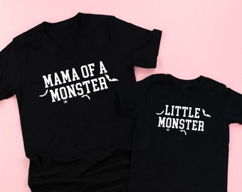 Mama of a Monster / Little Monster - Set of 2 BLACK w/ WHITE Shirts | Mom and Me Halloween Shirt | Matching Halloween Tees | Boo Crew |