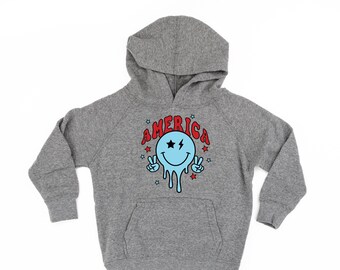 America Peace Smiley - Child Hoodie | Kids Patriotic Shirt | Party in the USA | All American Kid | 4th of July Tee | Independence Day