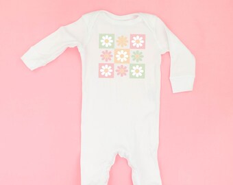 3x3 Checker Board Flowers - One Piece Baby Sleeper | Baby Romper | Spring Baby Outfit | Baby Flower Shirt | Flower Graphic Tee | Baby Gift |