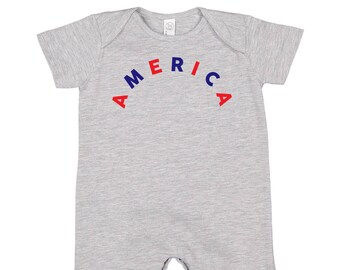 AMERICA (Arched) - Red + Blue - Short Sleeve / Shorts - One Piece Baby Romper | Infant Outfit | Patriotic Baby Outfit | Let Freedom Ring