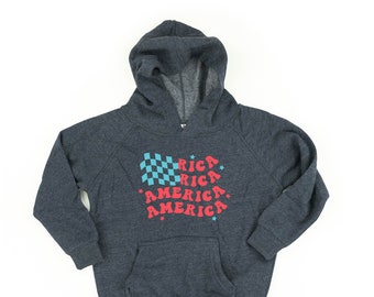 America - Checkers Flag - Child Hoodie | Kids Patriotic Shirt | Party in the USA | All American Kid | 4th of July Tee | Independence Day