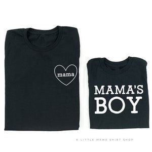 Mama(heart)-Mama&#39;s Boy |  Set of 2 BLACK Shirts |  Unisex |  Mama and Mama&#39;s Boy |  Mom and Son Shirts |  Mom of Boys