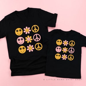 3x3 - Retro Happy Flowers - Set of 2 Shirts - BLACK | Mommy and Me Shirts | 70 Vibes Matching Tees | Retro Matching Shirts | Peace, Flowers