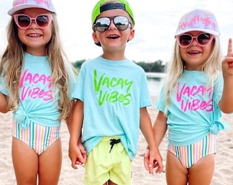 Vacay Vibes (Neon) - Child Tee | Summer Shirts | Kid Vacation Tees | Vacation Shirts for Kids | Beach Shirts | Summer Time | Kids Beach Tee