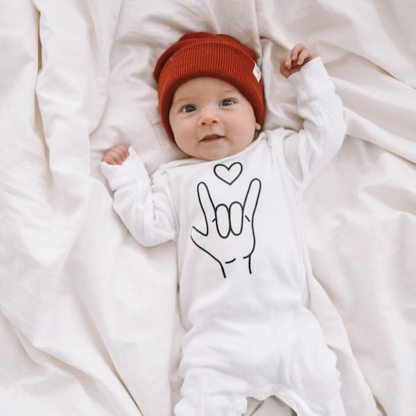 Sign Language - I Love You - One Piece Baby Sleeper | Valentine Romper | Valentine's Day Bodysuit | Valentine Shirts | Baby Valentine Tee |