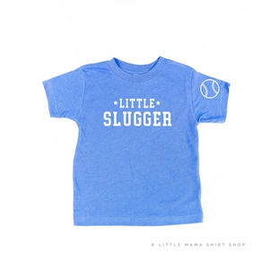 Little Slugger - Baseball Detail on Sleeve - Short Sleeve Child Shirt | Kids Graphic Tee | Baseball Graphic Tee | Sports Graphic Tee |