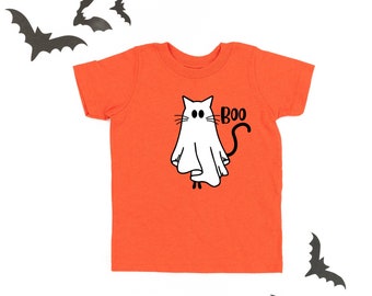 Ghost Kitty - Chemise enfant à manches courtes | Chemises d’Halloween pour enfants | Chemise d’Halloween pour enfants | T-shirt Halloween | Chemises d'Halloween pour enfants |